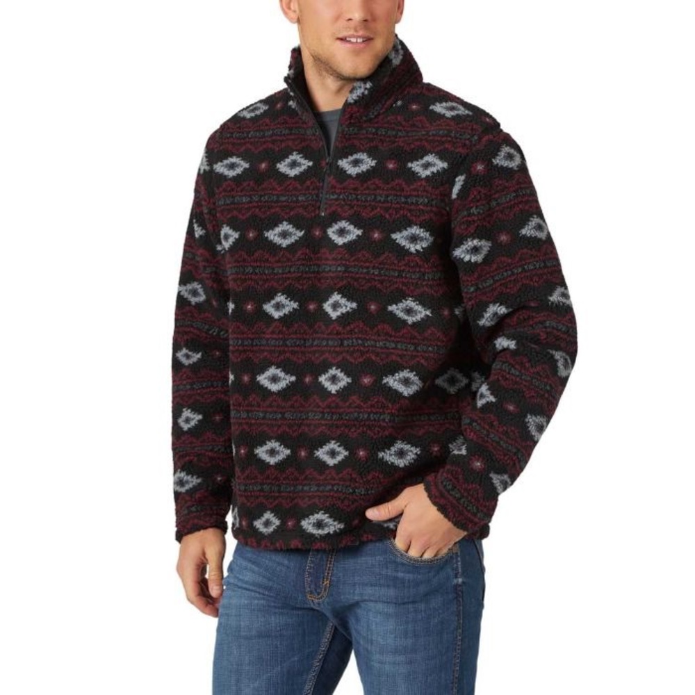 Wrangler Men's Black & Burgundy Patterned Quarter-Zip Fleece Pullover